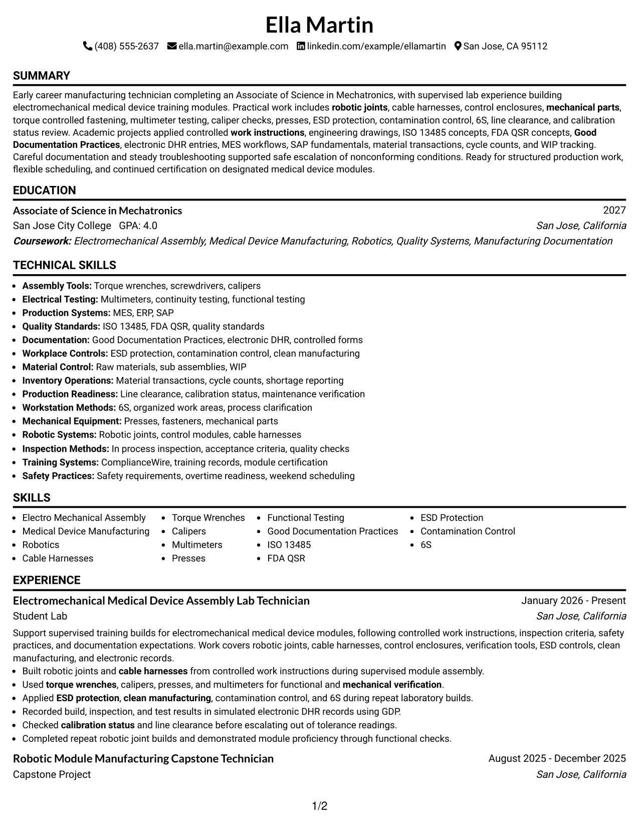 Resume Example Page 1