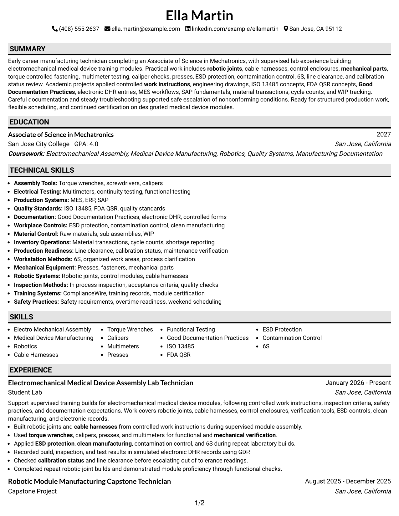 Resume Example Page 1