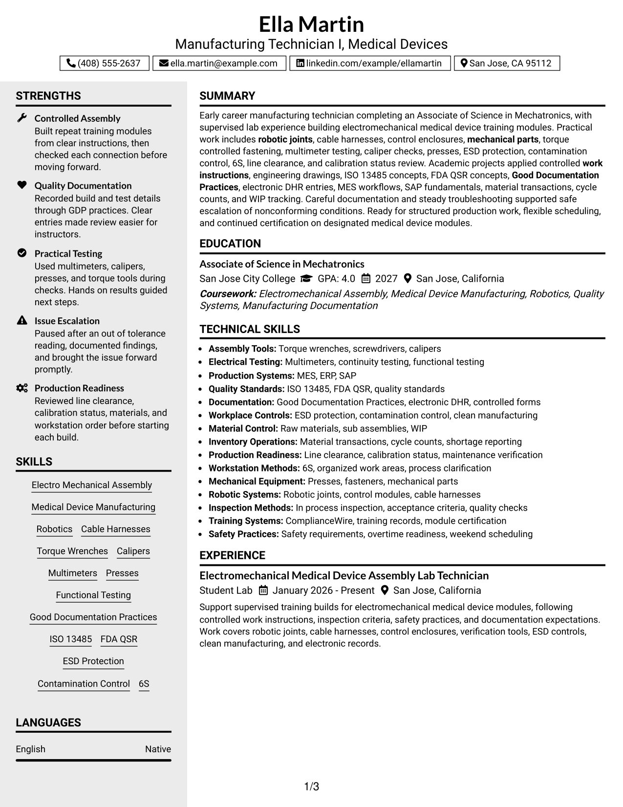 Resume Example Page 1