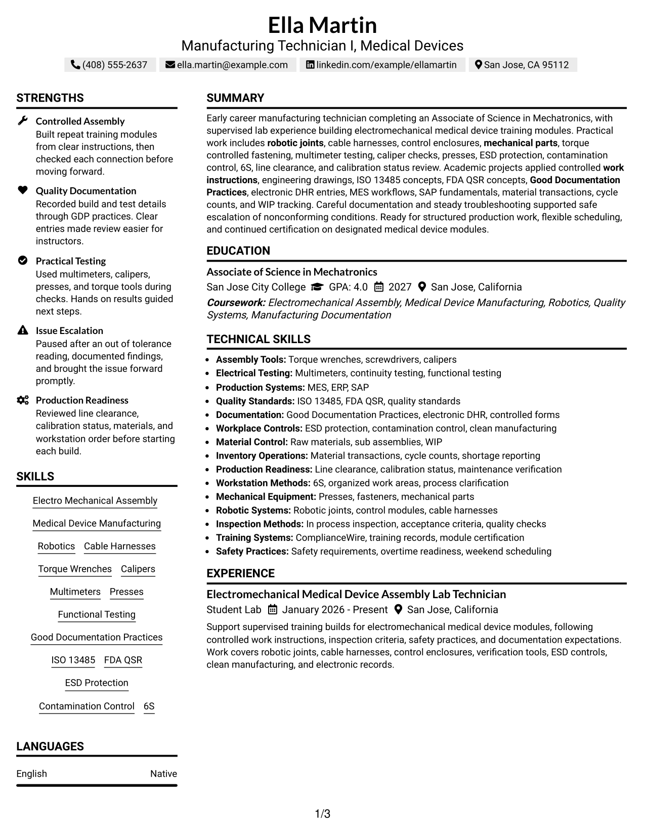 Resume Example Page 1