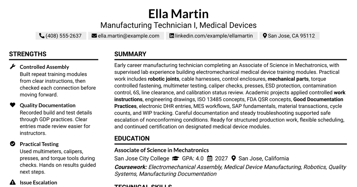 7 Manufacturing Technician I - Medical Devices Resume Templates with Example