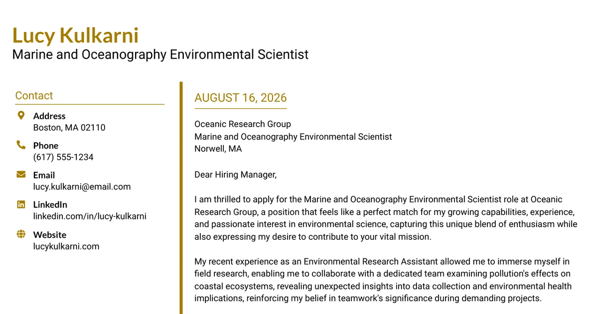 30+ Marine and Oceanography Environmental Scientist Cover Letter Templates with Example 2026