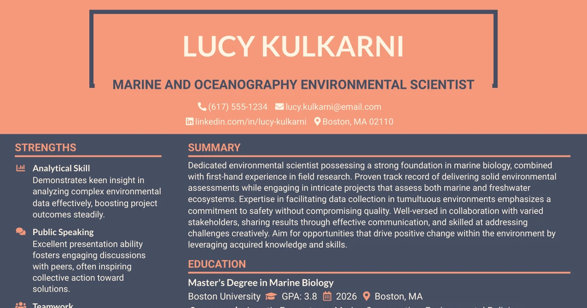 33 Marine and Oceanography Environmental Scientist Resume Templates with Example 2026 (ATS-Optimized)