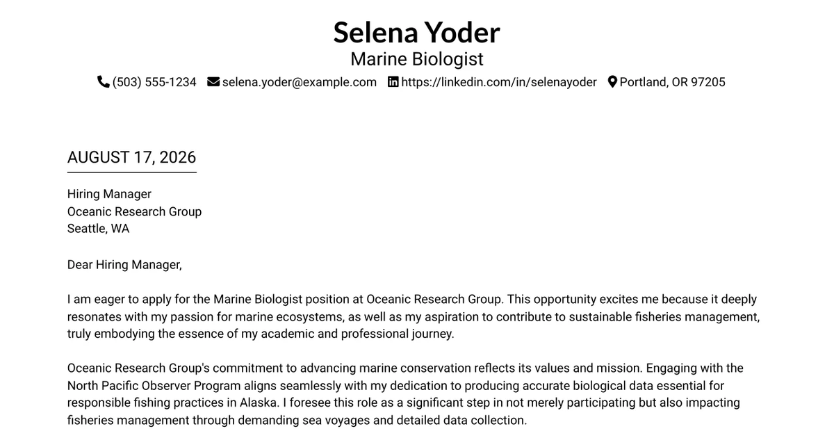 30+ Marine Biologist Cover Letter Templates with Example 2026