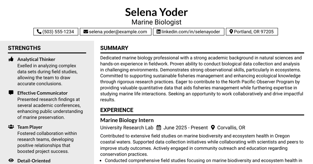 33 Marine Biologist Resume Templates with Example 2026 (ATS-Optimized)