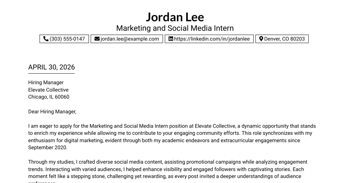 30+ Marketing and Social Media Intern Cover Letter Templates with Example 2026