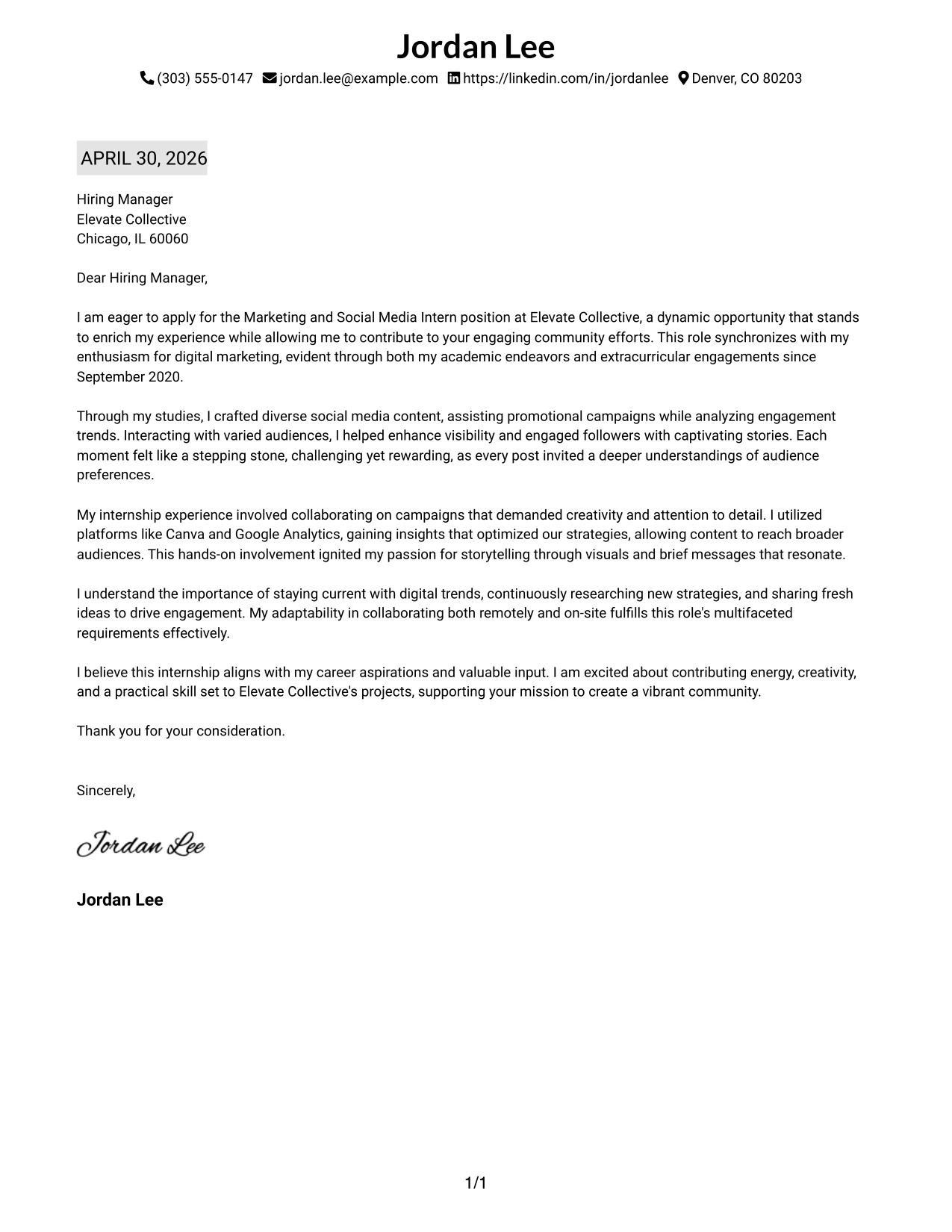 Marketing and Social Media Intern Cover Letter Example Plain One Column with Highlighted Date