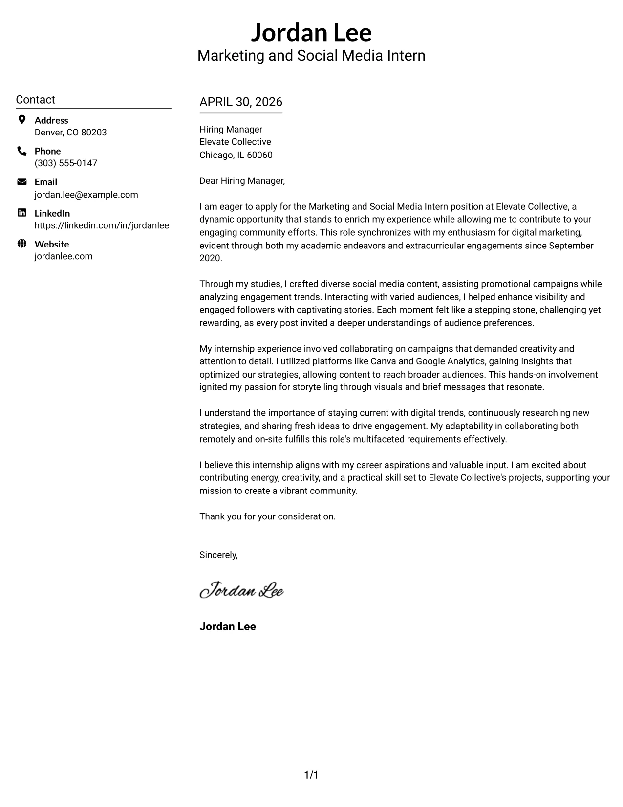 Marketing and Social Media Intern Cover Letter Example Centered Header Classic Two Column Format
