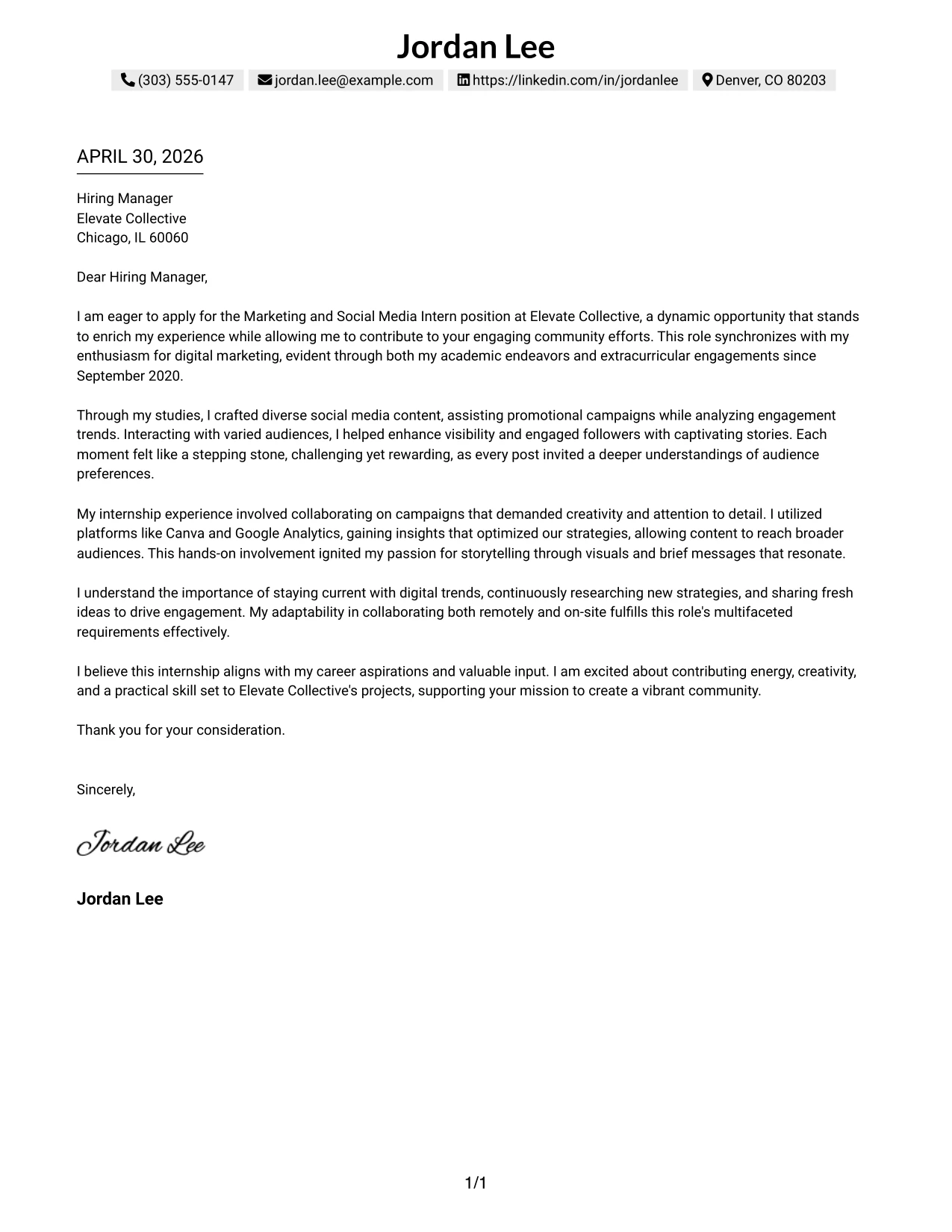 Marketing and Social Media Intern Cover Letter Example One Column Shaded Contact Header Format