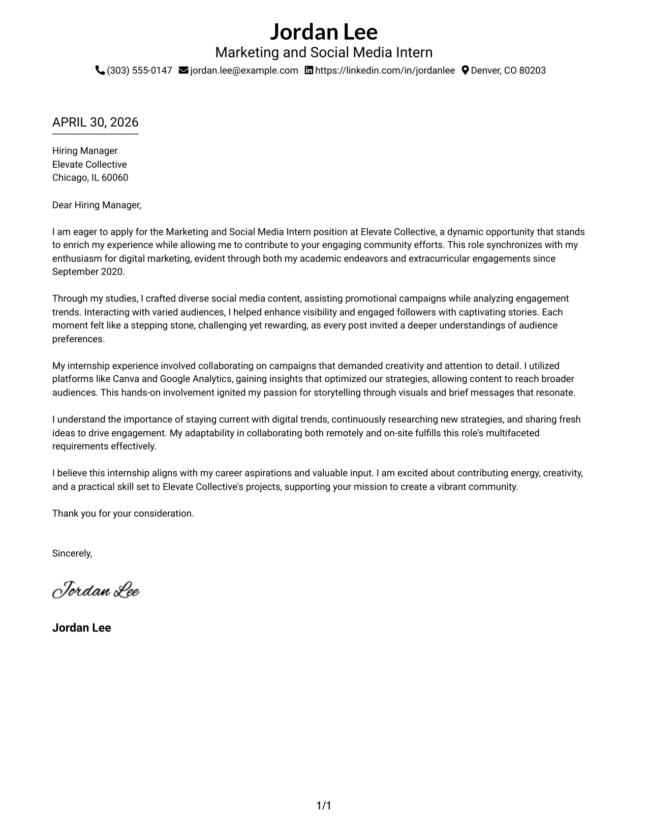 Marketing and Social Media Intern Cover Letter Example Simple One Column Format