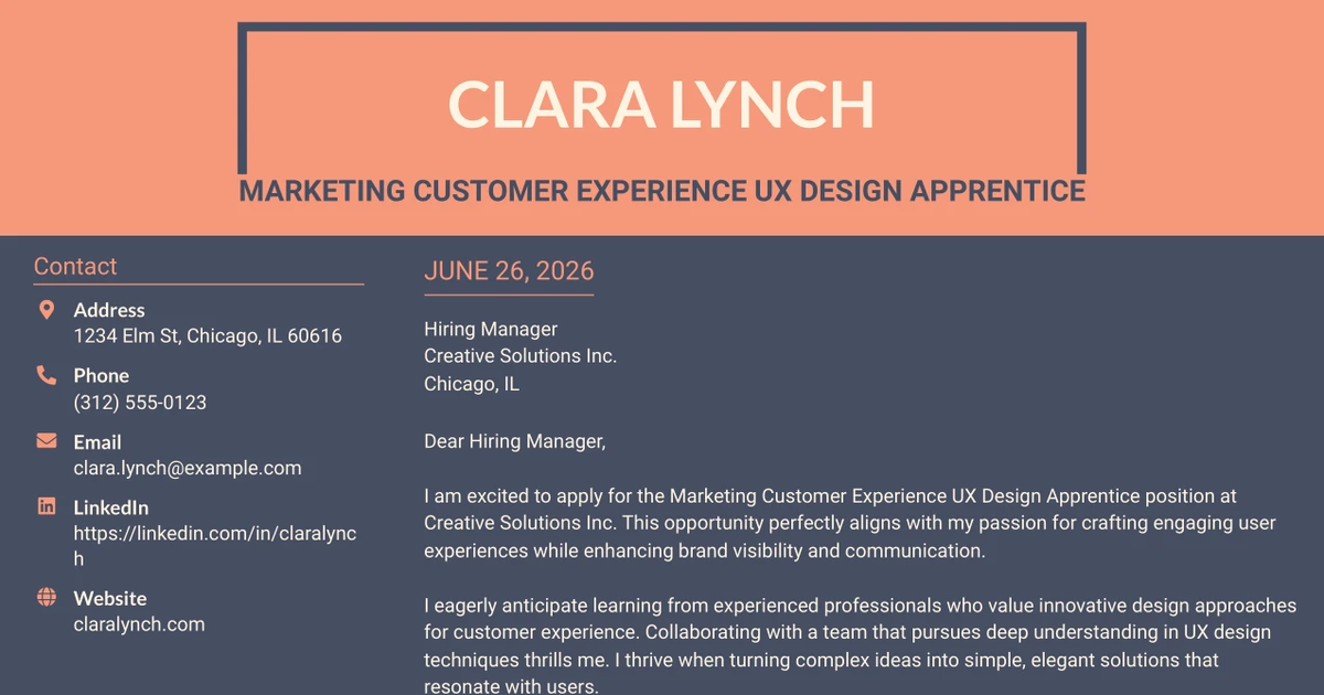 30+ Marketing Customer Experience UX Design Apprentice Cover Letter Templates with Example 2026