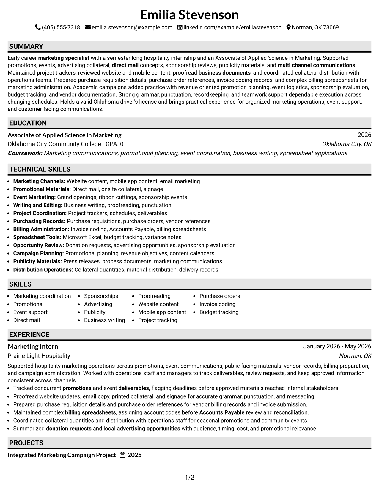 Resume Example Page 1