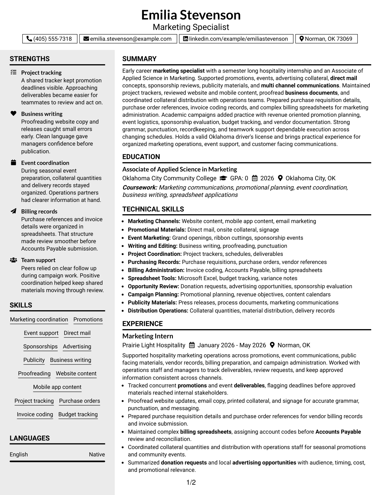 Resume Example Page 1