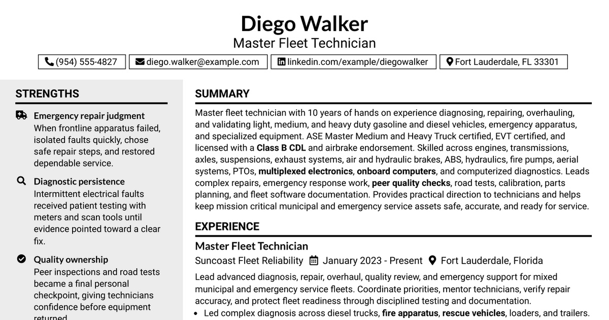 7 Master Fleet Technician Resume Templates with Example