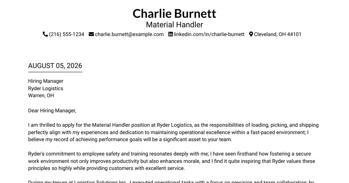 30+ Material Handler Cover Letter Templates with Example 2026