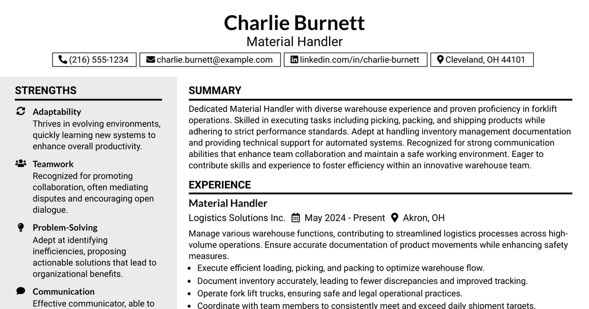 33 Material Handler Resume Templates with Example 2026 (ATS-Optimized)