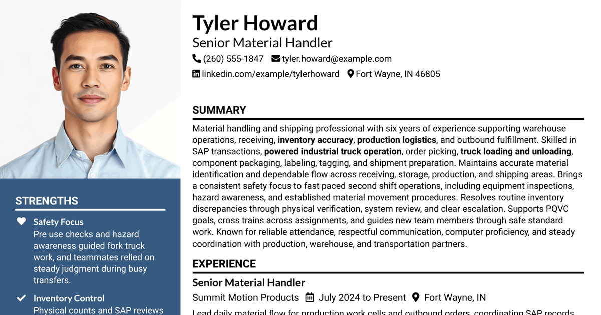 7 Material Handler - Shipping and Receiving Resume Templates with Example