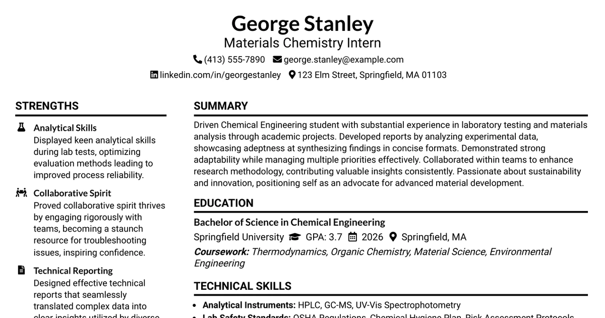 33 Materials Chemistry/Chemical Engineering Intern Resume Templates with Example 2026 (ATS-Optimized)