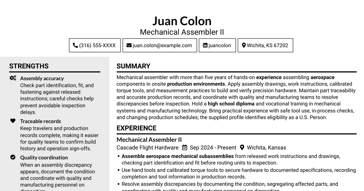 7 Mechanical Assembler II - Aerospace Assembly Resume Templates with Example