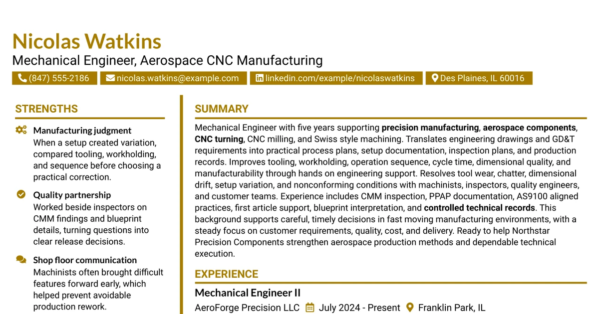 33 Mechanical Engineer - Aerospace CNC Manufacturing Resume Templates with Example 2026 (ATS-Optimized)