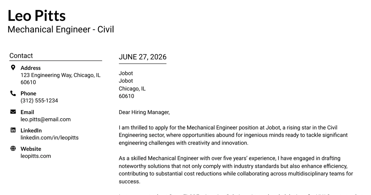 30+ Mechanical Engineer - Civil Cover Letter Templates with Example 2026