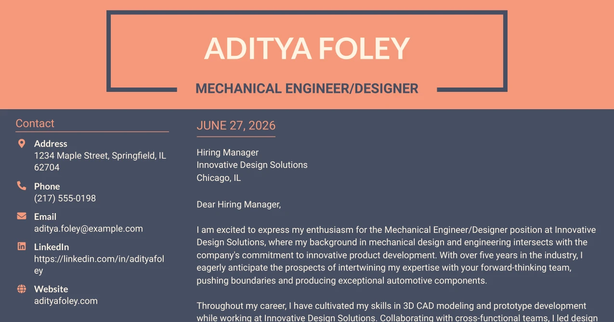 30+ Mechanical Engineer/Designer Cover Letter Templates with Example 2026