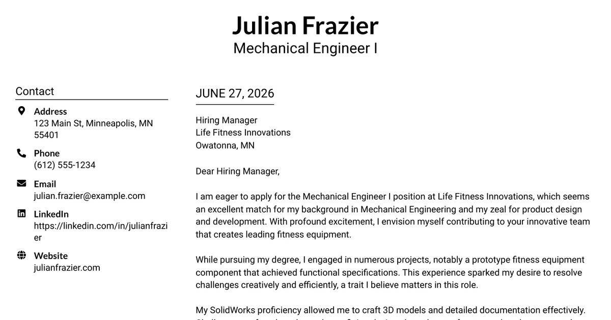 30+ Mechanical Engineer I Cover Letter Templates with Example 2026