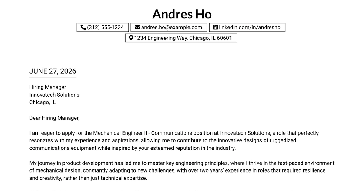 30+ Mechanical Engineer II - Communications Cover Letter Templates with Example 2026