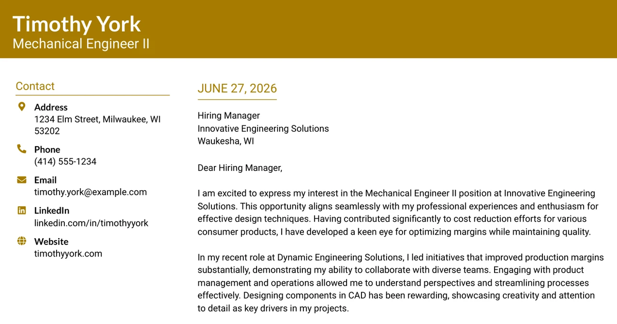 30+ Mechanical Engineer II Cover Letter Templates with Example 2026