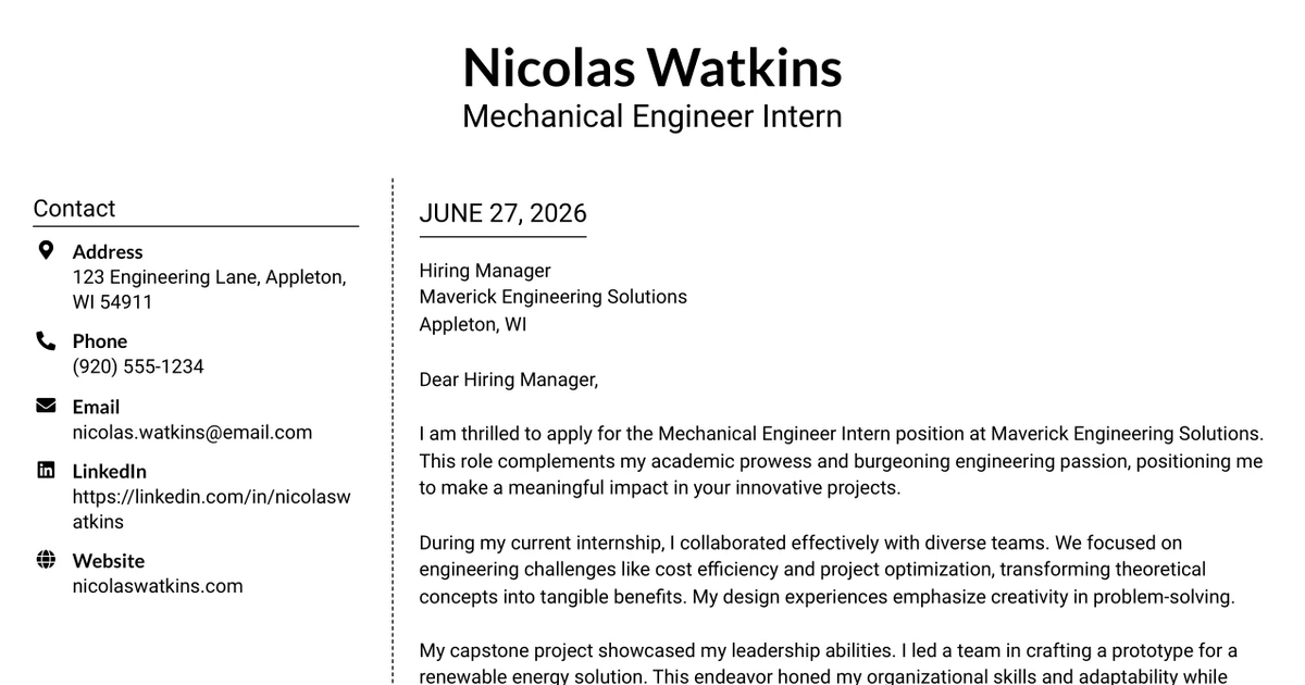 30+ Mechanical Engineer Intern Cover Letter Templates with Example 2026