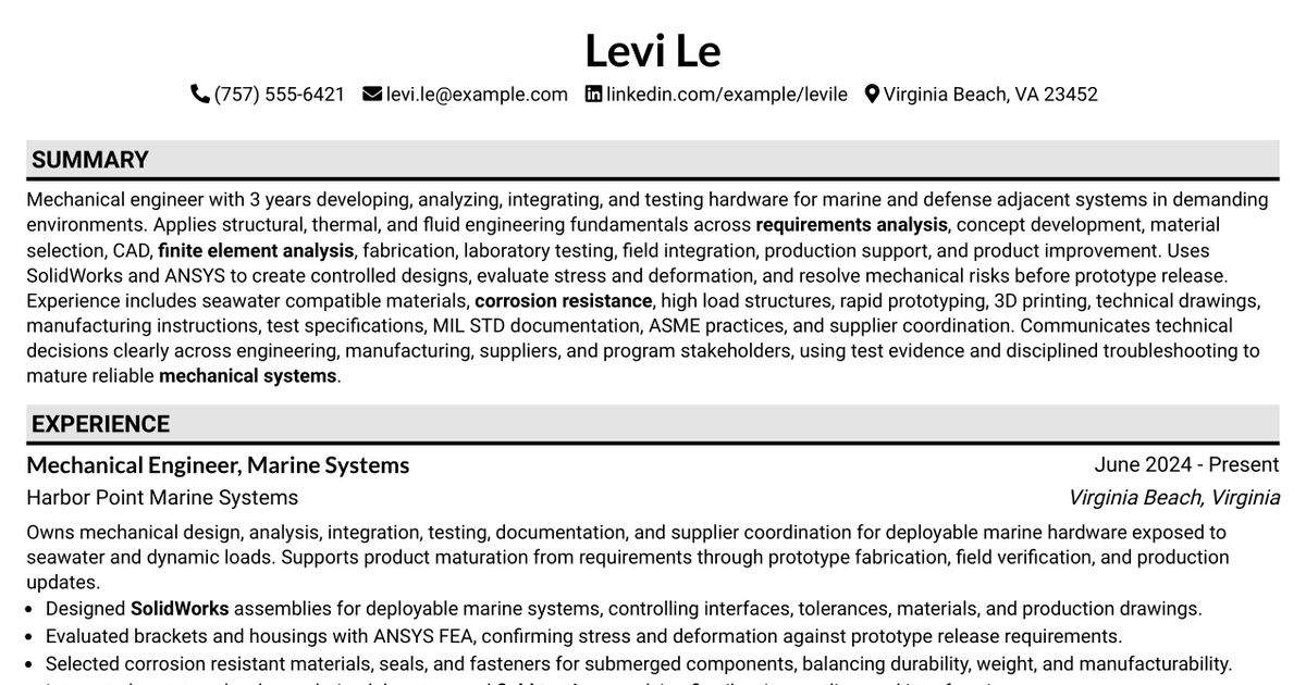 7 Mechanical Engineer - Maritime Off-Board Countermeasure Systems Resume Templates with Example