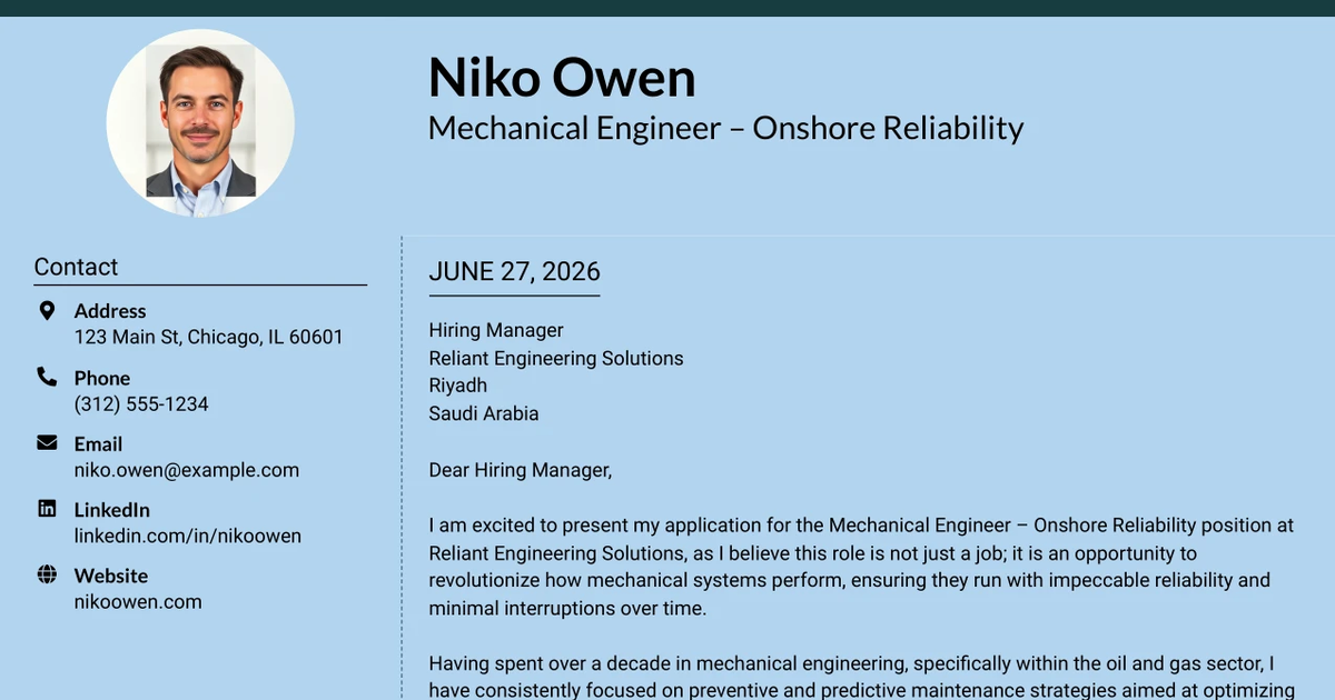 30+ Mechanical Engineer – Onshore Reliability Cover Letter Templates with Example 2026