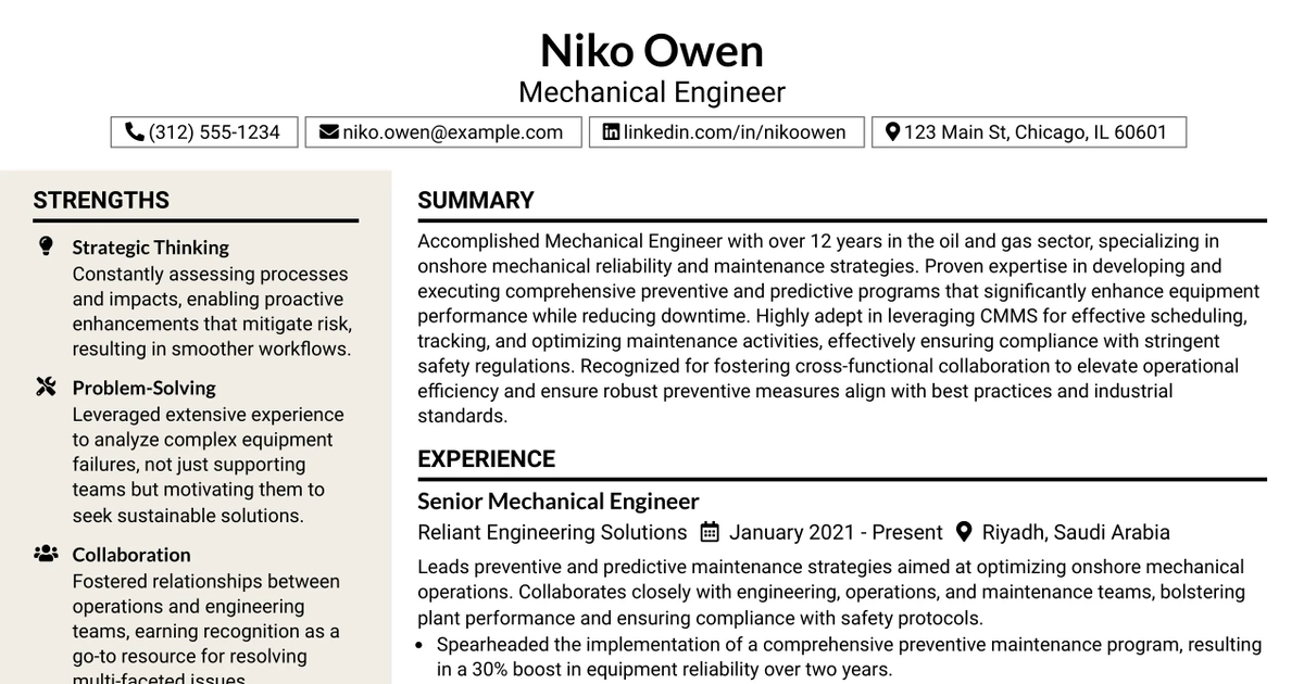 33 Mechanical Engineer – Onshore Reliability Resume Templates with Example 2026 (ATS-Optimized)