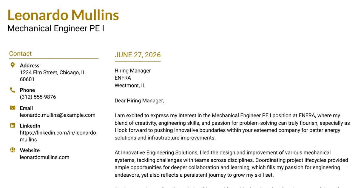30+ Mechanical Engineer PE I Cover Letter Templates with Example 2026