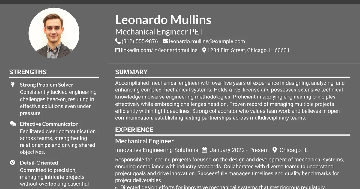 33 Mechanical Engineer PE I Resume Templates with Example 2026 (ATS-Optimized)