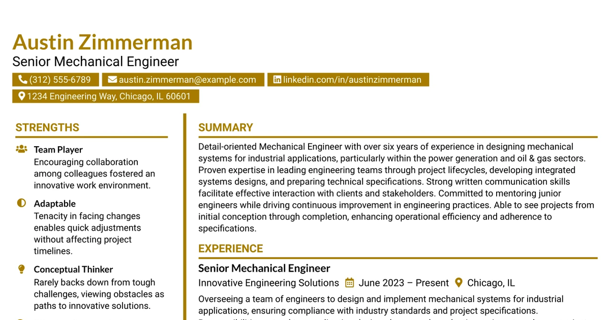 33 Mechanical Engineer Senior Level Resume Templates with Example 2026 (ATS-Optimized)