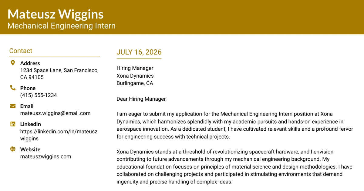 30+ Mechanical Engineering Intern Cover Letter Templates with Example 2026