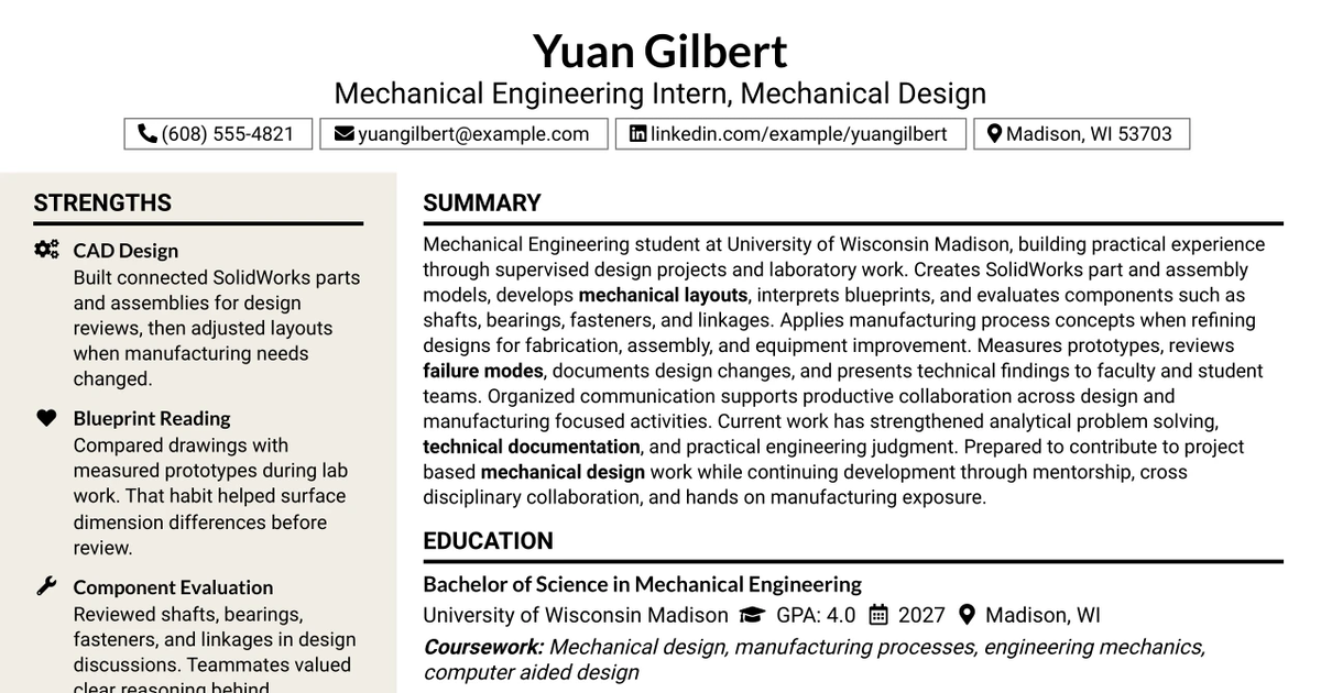 33 Mechanical Engineering Intern - Mechanical Design Resume Templates with Example 2026 (ATS-Optimized)