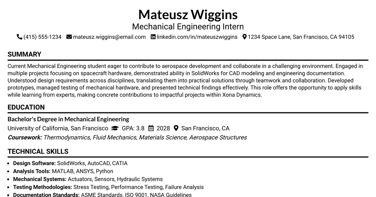 33 Mechanical Engineering Intern Resume Templates with Example 2026 (ATS-Optimized)