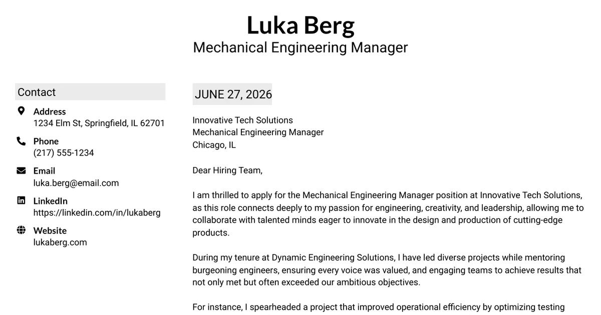 30+ Mechanical Engineering Manager Cover Letter Templates with Example 2026