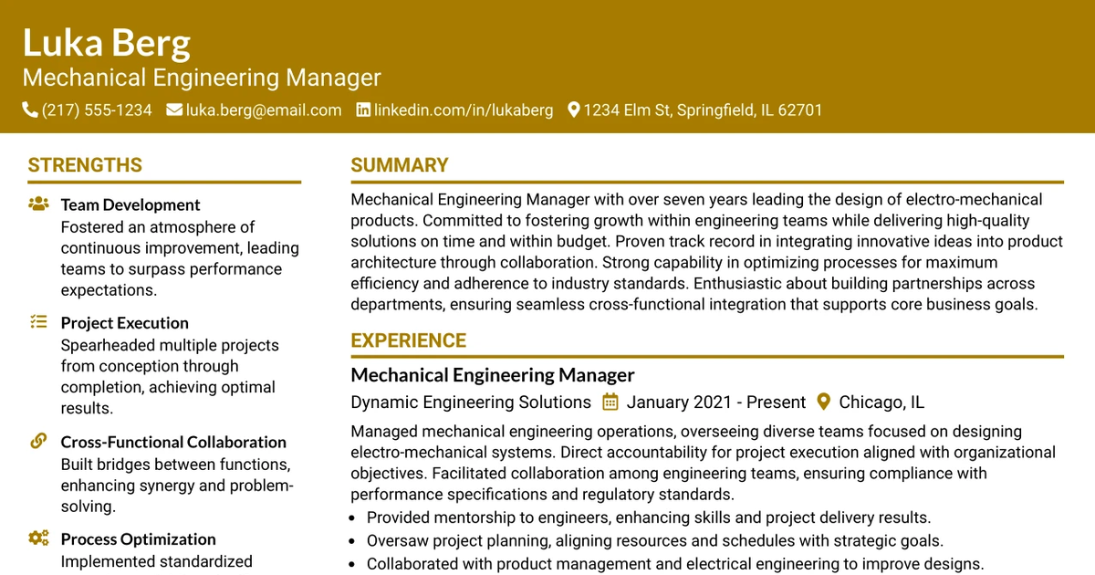33 Mechanical Engineering Manager Resume Templates with Example 2026 (ATS-Optimized)