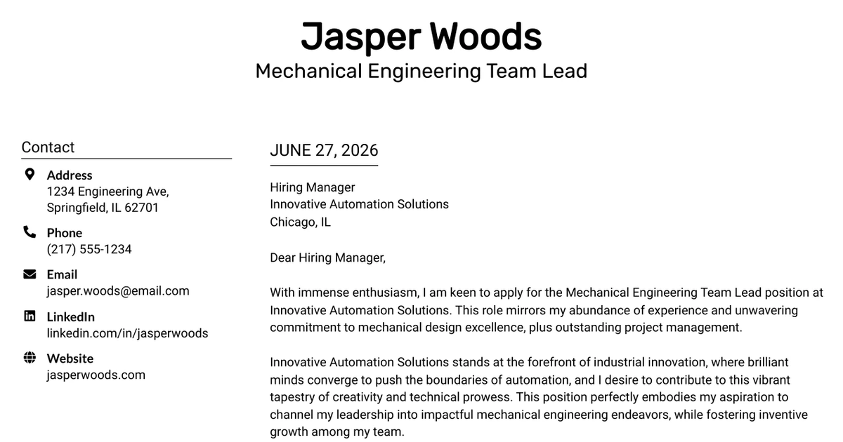 30+ Mechanical Engineering Team Lead Cover Letter Templates with Example 2026