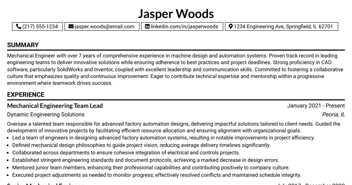 33 Mechanical Engineering Team Lead Resume Templates with Example 2026 (ATS-Optimized)