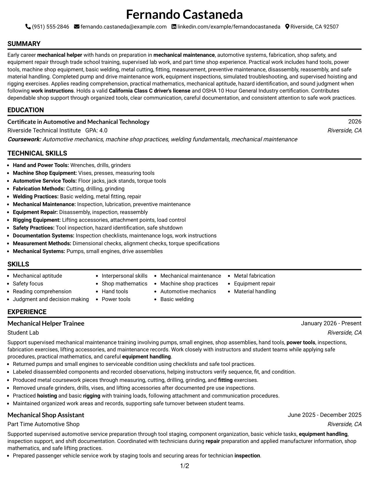 Resume Example Page 1