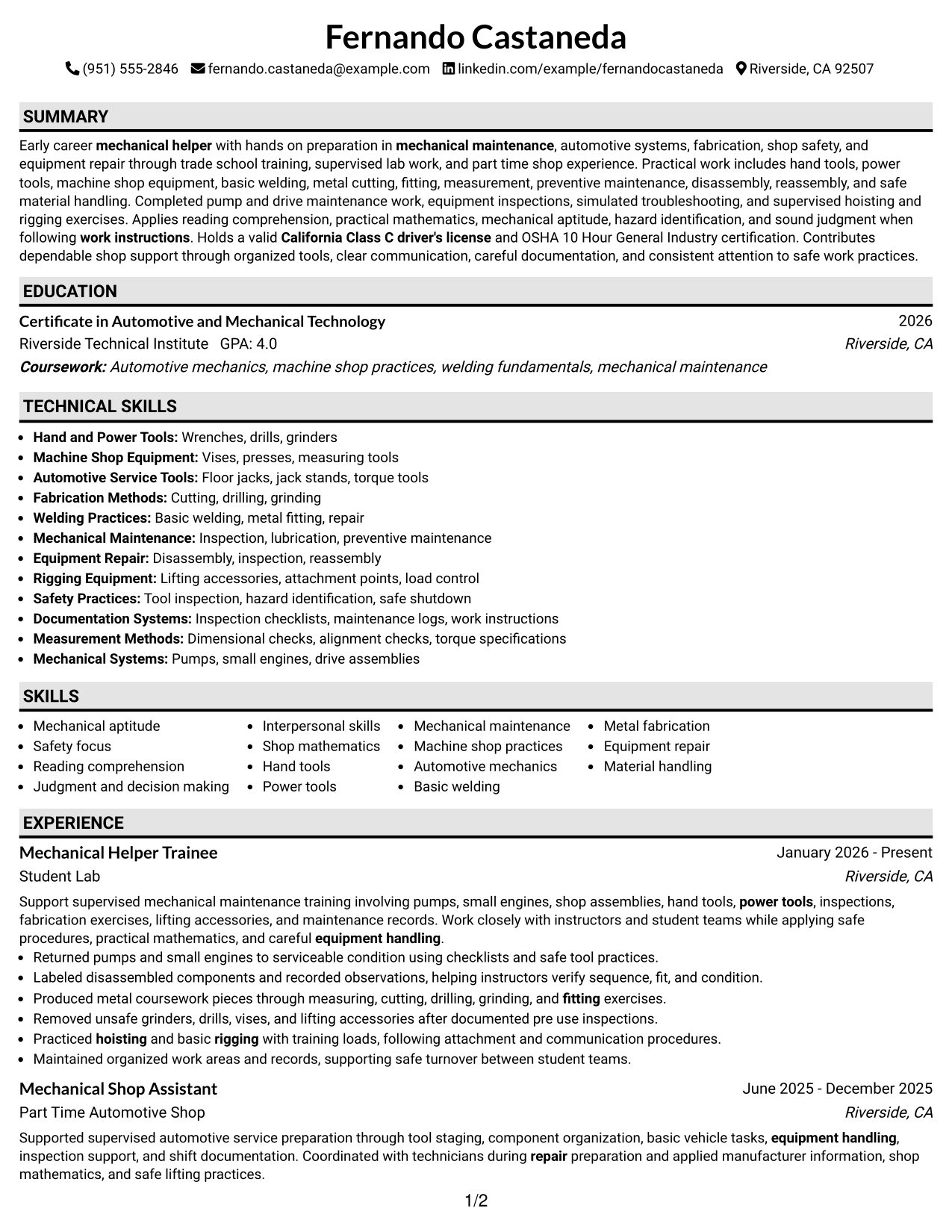 Resume Example Page 1