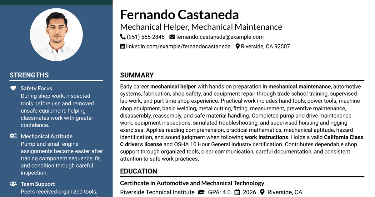 7 Mechanical Helper - Mechanical Maintenance Resume Templates with Example