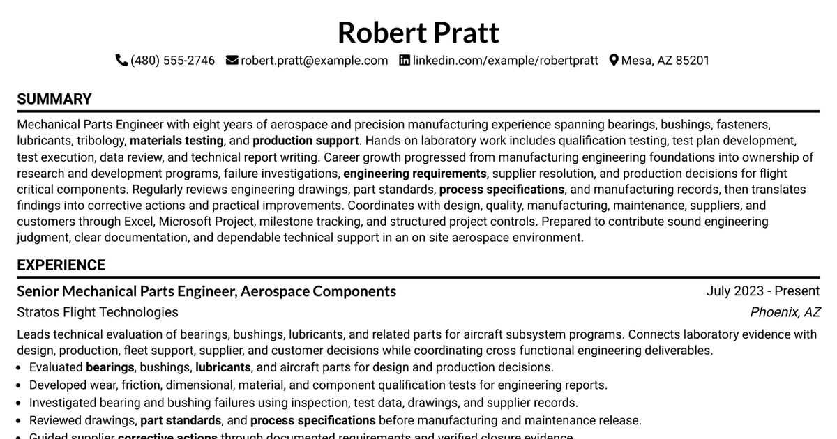 7 Mechanical Parts Engineer (Bearings & Bushings) Resume Templates with Example