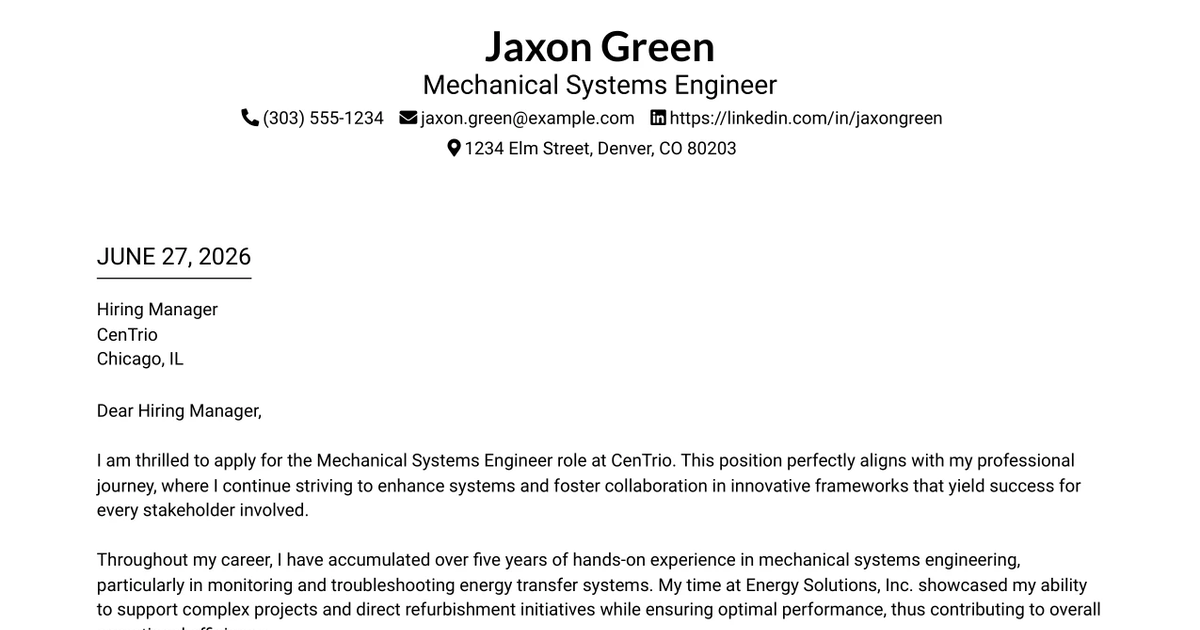 30+ Mechanical Systems Engineer Cover Letter Templates with Example 2026