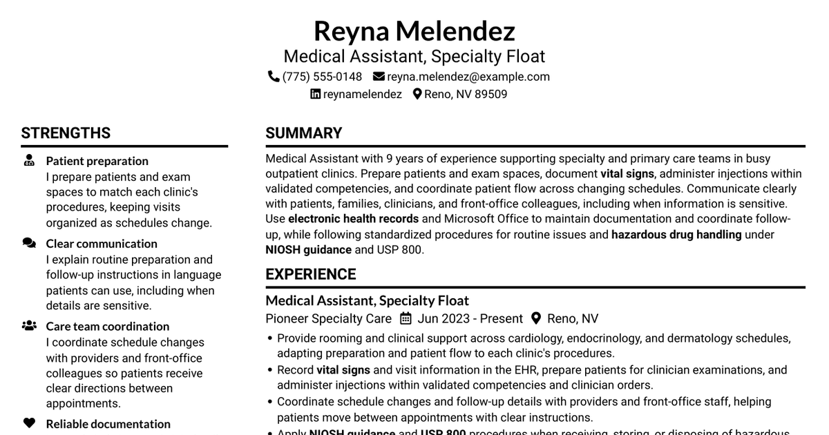 7 Medical Assistant II - Specialty Clinic Support Resume Templates with Example