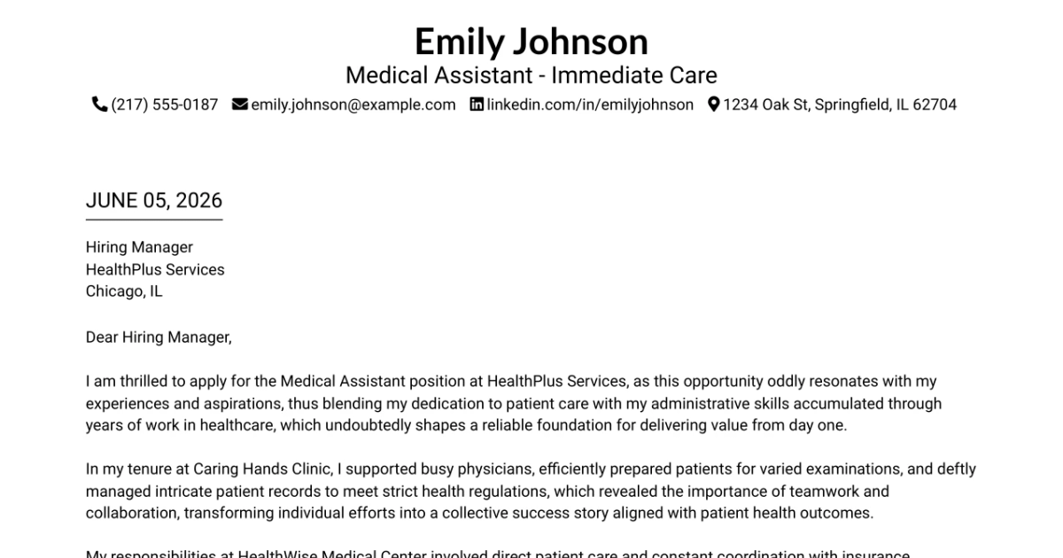 30+ Medical Assistant - Immediate Care Cover Letter Templates with Example 2026